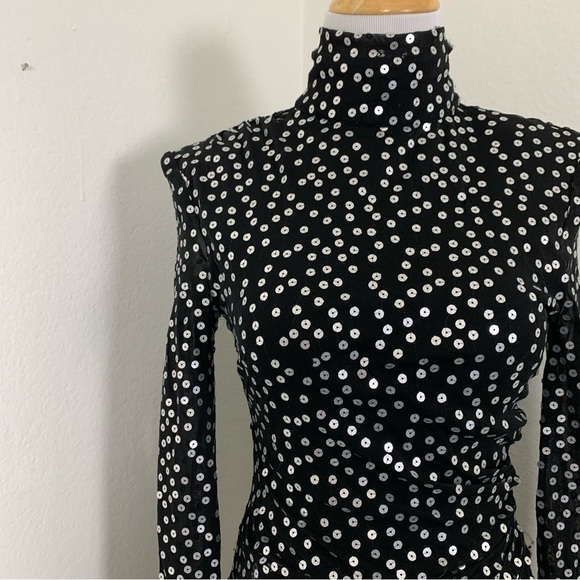 Cinq A Sept Marlene Mini Dress Womens 4 Black With Silver Sequins Ruched Side - Picture 15 of 17